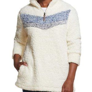 Weatherproof Vintage Cozy Sherpa 1/4 Zip Pullover White Chevron Stripe Cream
